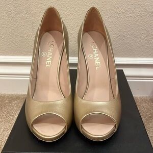Chanel gold open toe pump with beautiful pearl detail. Worn 2 hours. PRICE FIRM